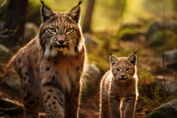 mother lynx with her cub looking for food in the forest