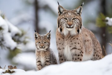 iberian lynx with her cub on the winter snow in the forest