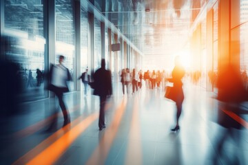 people moving fast in the hall of an office building in the city (long exposure photography)