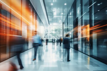 people moving fast in the hall of an office building in the city (long exposure photography)