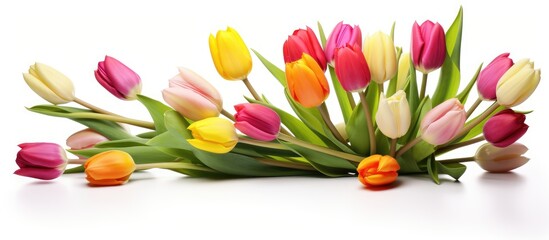 Obraz premium Beautiful tulip bouquet on white backdrop