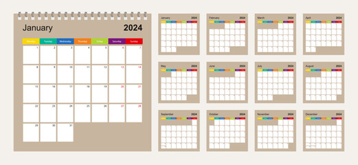 Calendar 2024 colorful design, set of 12 vector wall planner calendar pages on beige background. Week starts on Monday.