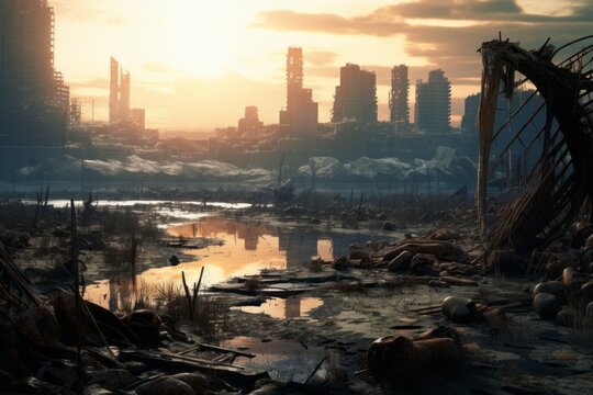 apocaliptic view a destroyed and poluted city