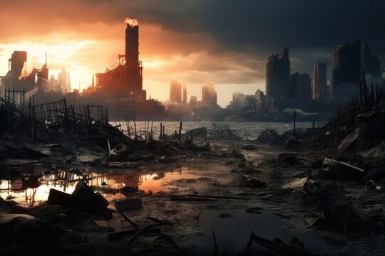 apocaliptic view a destroyed and poluted city