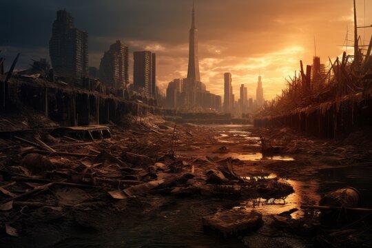 apocaliptic view a destroyed and poluted city
