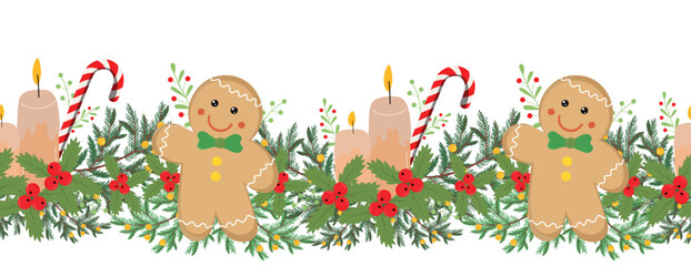 Christmas border with candles, gingerbread decoration ornament. Holidays vector illustration. Wreath for website header background. 