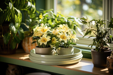 Bright lilies bloom by a sunlit window, surrounded by an array of vibrant houseplants in a cozy interior setting.