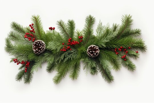 A Festive Pine Branch with Vibrant Berries and Decorative Cones Created With Generative AI Technology