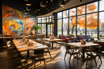Modern cafe interior showcasing a vibrant mural, with autumn leaves visible through large windows, creating a warm and cozy ambiance.