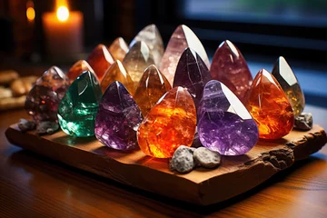 Foto op Plexiglas Vibrant collection of polished gemstones on a wooden base, illuminated by ambient candlelight. Ideal for spiritual and healing themes. © apratim