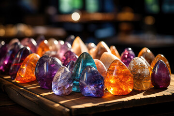 Vibrant collection of polished gemstones displayed on a wooden table, illuminated by ambient lighting with a beautiful bokeh background.