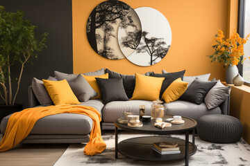 Elegant modern living room with a cozy gray sofa, vibrant yellow accents, and tasteful wall art featuring monochromatic tree prints.