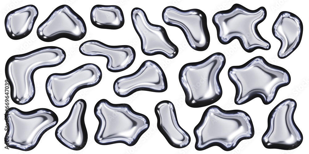 Fototapete 3d chrome metal organic fluid shapes. abstract liquid mercury metallic icon. 3d rendering aluminum g