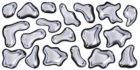 3d chrome metal organic fluid shapes. Abstract liquid mercury metallic icon. 3d rendering aluminum gradient shape design element isolated on white background. Brutalist futuristic style