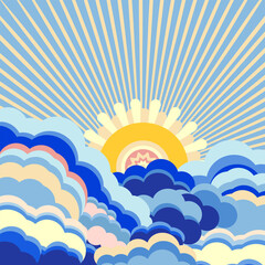 A vector illustration of 90s groovy posters in a cartoon psychedelic style.Boho and hippie design,featuring vibrant  retro elements and trippy landscapes. Clouds, sea ,sun rays and psychedelic waves.