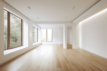 Contemporary white interior room with empty walls and wood floor. Generative AI