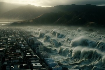 A tsunami engulfs urban and mountainous areas. Generative AI - obrazy, fototapety, plakaty
