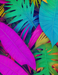 Abstract composition with fluorescent colors made of tropical leaves, Smooth neon color, Plants and Flowers, generative ai