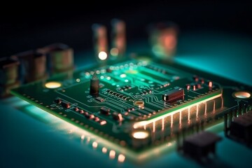 Detailed close-up of computer microchip circuit with neon lights and circuit board. Generative AI