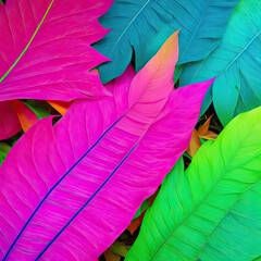 Abstract composition with fluorescent colors made of tropical leaves, Smooth neon color, Plants and Flowers, generative ai	
