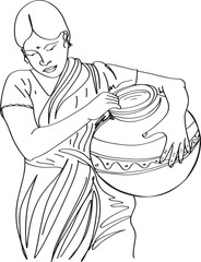 Cartoon Drawing of Clay Water Pot Carrier Women - Heritage Illustration, Village Woman Holding Clay Matka - Cartoon Illustration of Traditional Heritage, Save Water, Save Life  - obrazy, fototapety, plakaty