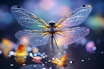Fototapeta na wymiar An AI illustration of a dragonfly resting its wings on a water surface in the evening