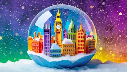 Illustration of a colorful holiday snow globe with a cityscape inside of it.  Inside the snow globe are famous landmarks of London, United Kingdom. 