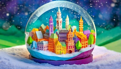 Illustration of a colorful holiday snow globe with a cityscape inside of it.  Inside the snow globe are famous landmarks of Munich, Germany. 