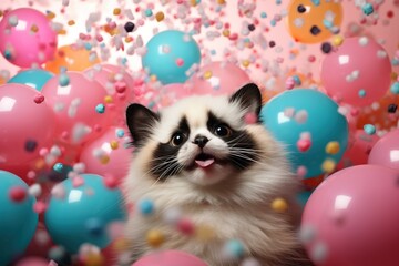 Fototapeta na wymiar Fond abstrait de couleur pastel avec un joli panda, mini confettis. Idéal comme papier peint enfantin. IA générative, IA
