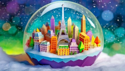 Illustration of a colorful holiday snow globe with a cityscape inside of it.  Inside the snow globe are famous landmarks of Paris, France. 