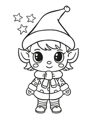 Outline Illustration Of Cute Cartoon Christmas Elf. Coloring Page for kids