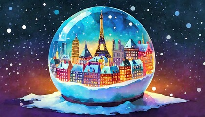 Illustration of a colorful holiday snow globe with a cityscape inside of it. Inside the snow globe are famous landmarks of Paris, France. 