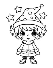 Outline Illustration Of Cute Cartoon Christmas Elf. Coloring Page for kids
