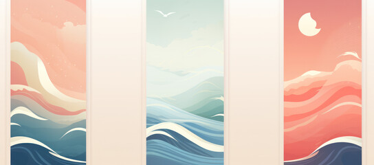 Japanese-Style Landscape Banners with Colorful Wavy Waves