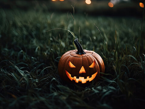 halloween pumpkin on a dark grass background