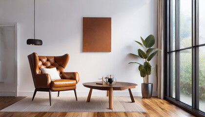 Modern mid century and minimalist interior of living room ,leather armchair with table on white wall and wood floor