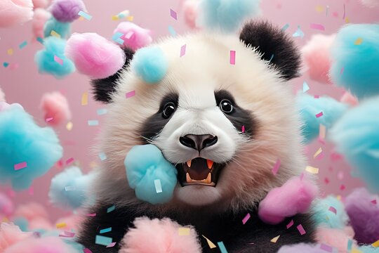 Fond abstrait de couleur pastel avec un joli panda, mini confettis. Id&eacute;al comme papier peint enfantin. IA g&eacute;n&eacute;rative, IA