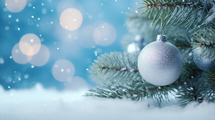 banner background with snow and New Year tree for Christmas with bokeh and garland