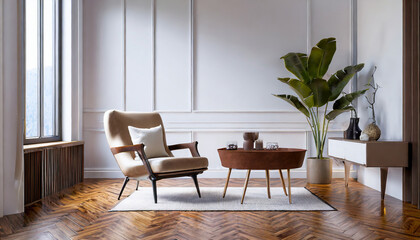 Modern mid century and minimalist interior of living room ,leather armchair with table on white wall and wood floor