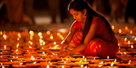 Indian woman puts Diwali oil lamp