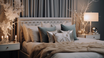 festive interior: a cozy sofa with pillows and textiles against the backdrop of a bokeh garland