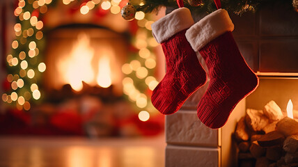 santa claus socks for gifts on christmas eve on the fireplace - obrazy, fototapety, plakaty