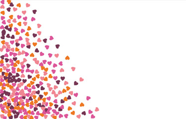 Bright hearts confetti corner frame on white background. Valentine's Day. Banner template. Space for text.  illustration.