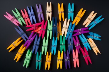 View of assorted vibrant plastic clothespins on a plain background. Generative AI