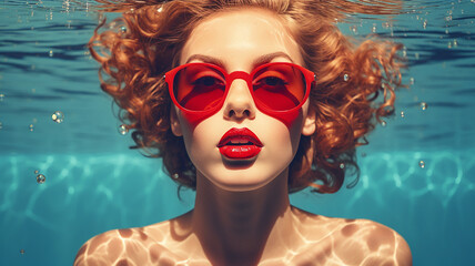 stylish girl in red glasses underwater in the pool on vacation