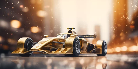 Foto op Canvas Fast racing car and pilot in formula one champion competitions with speed and flame. Motorsport car concept, golden race car with golden bokeh background. Generative AI © Rimsha