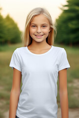 Girl wearing blank white t-shirt. Model t-shirt mockup. T-shirt template