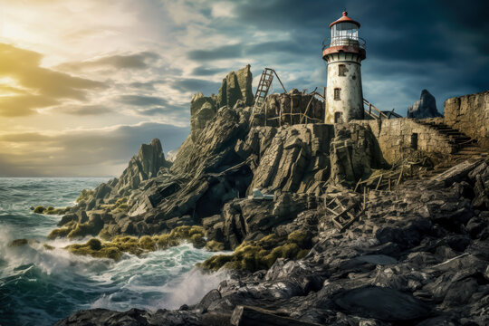 dilapidated abandoned lighthouse on a rocky cliff.