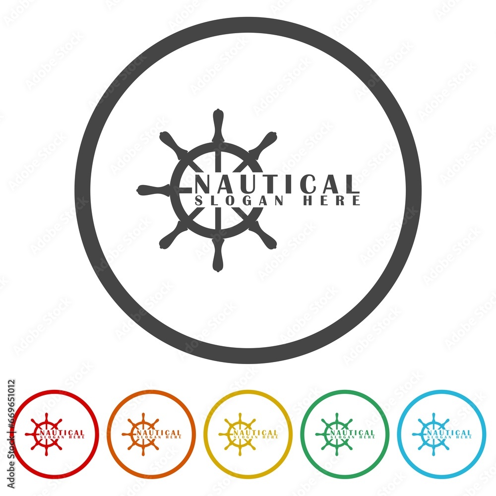 Poster ship steering for sailing logo. set icons in color circle buttons