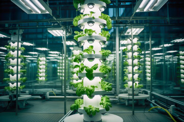 Bioengineered crops thriving in vertical farms.